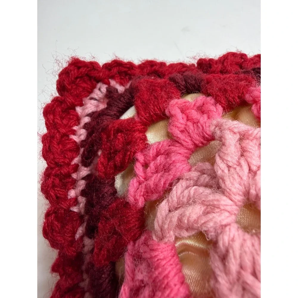 Handmade Crochet Granny Square Throw Pillow Pink Red Burgundy Retro Decorative